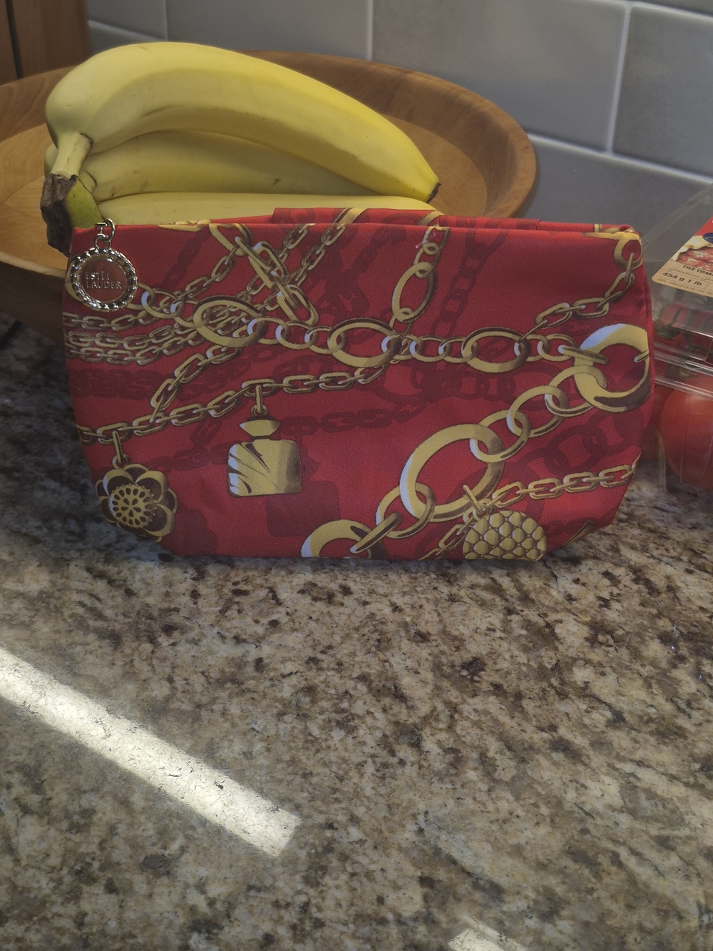 Red Chain-Print Cosmetic Bag with Gold Charm